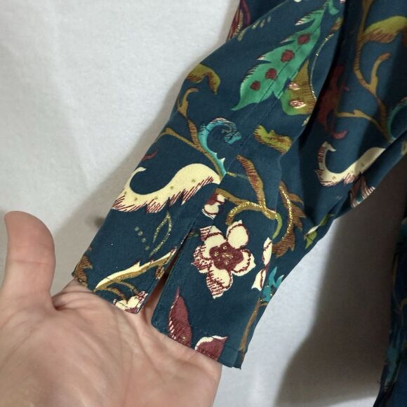 Susan Graver Style Teal Floral 3/4 Sleeve Button Up Shirt Blouse Women's L - Picture 7 of 9